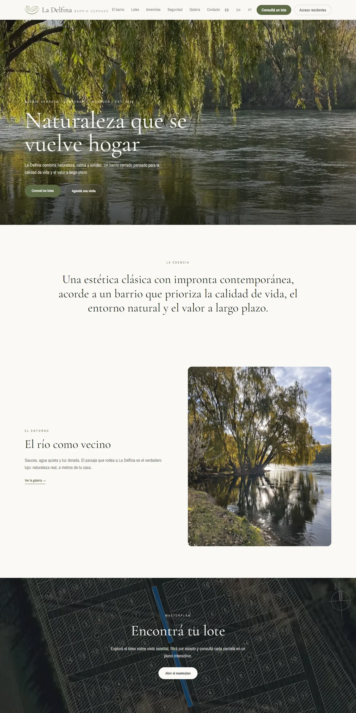 Captura completa del sitio de La Delfina: portada del barrio, amenities y masterplan de lotes.