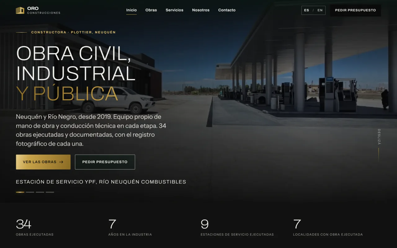 Captura del sitio de ORO Construcciones: portada con foto de obra, cifras de la empresa y grilla de obras seleccionadas.