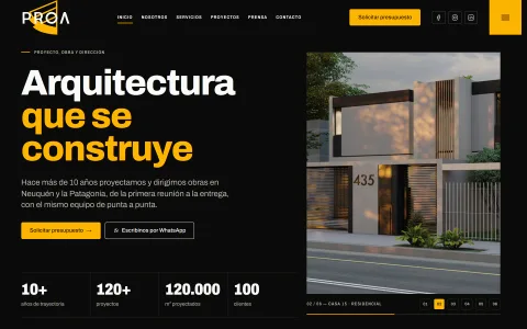 La demo de PROA del 16/09/2026: titular «Arquitectura que se construye» en blanco y amarillo sobre negro, cifras del estudio y la foto de una casa a la derecha.